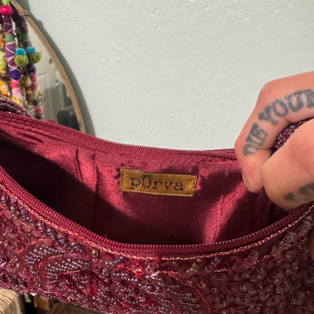 Vintage Y2K Burgandy Beaded & Sequined Hand Bag Made in India By Purva Zip Top - Picture 4 of 13
